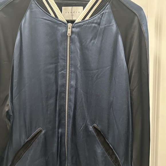 SANDRO Black & Blue Satin Bomber Jacket Large - Picture 4 of 8